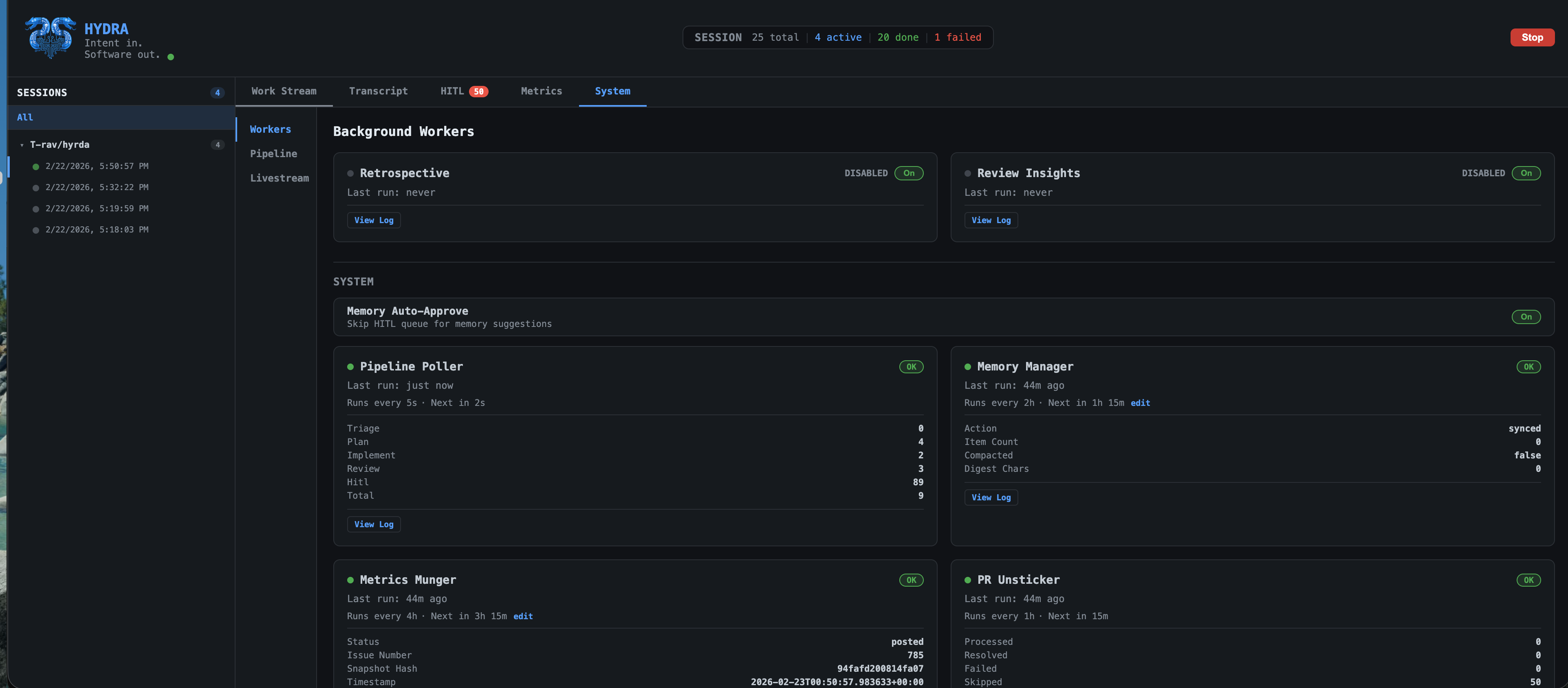HydraFlow System tab showing background workers: Retrospective, Review Insights, Pipeline Poller, Memory Manager, Metrics Munger, PR Unsticker